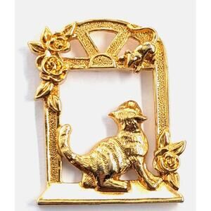 Cat Kitty Mouse Window Frame Flowers Gold Tone Pin Tie Tack Animal Jewelry